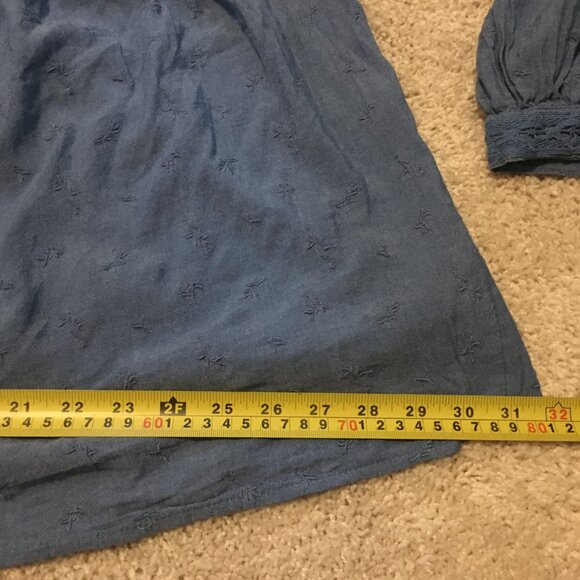 Blue Plentiful Pleats Billowing Sleeve Lace and Floral Texture Button Up Blouse - Picture 12 of 16